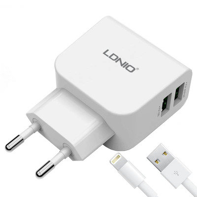 Cетевое зарядное устройство LDNIO Dual USB 2.1 (DL-AC56) + Cable Lighting
