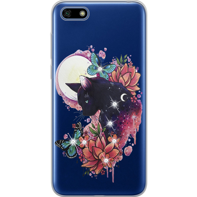 Чехол со стразами Huawei Y5 2018 / Honor 7A Cat in Flowers