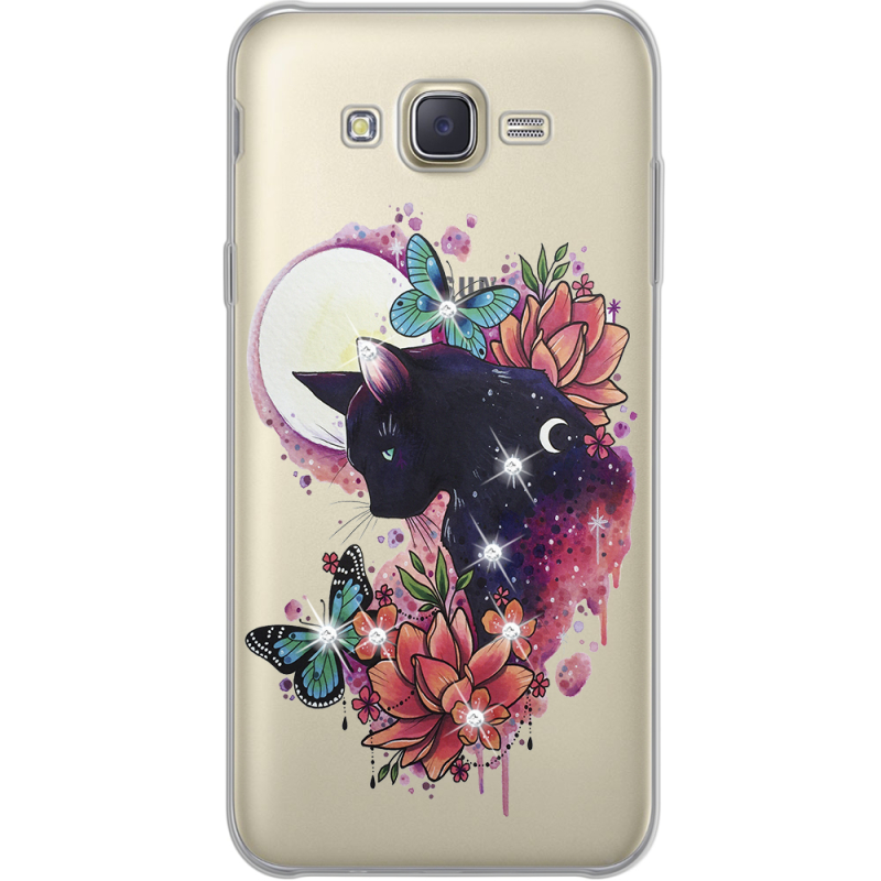 Чехол со стразами Samsung J700H Galaxy J7 Cat in Flowers