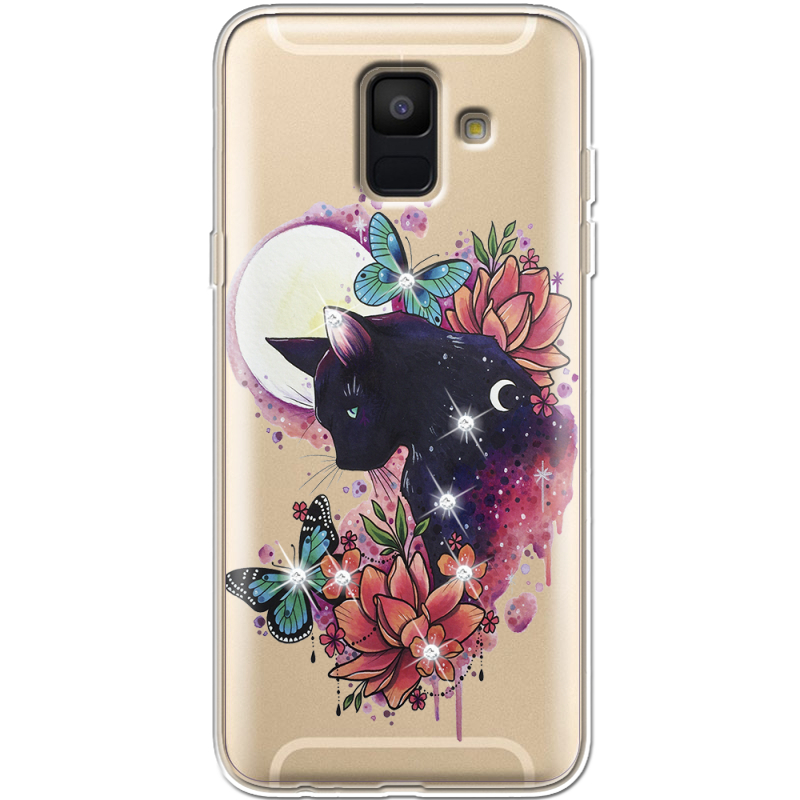 Чехол со стразами Samsung A600 Galaxy A6 2018 Cat in Flowers