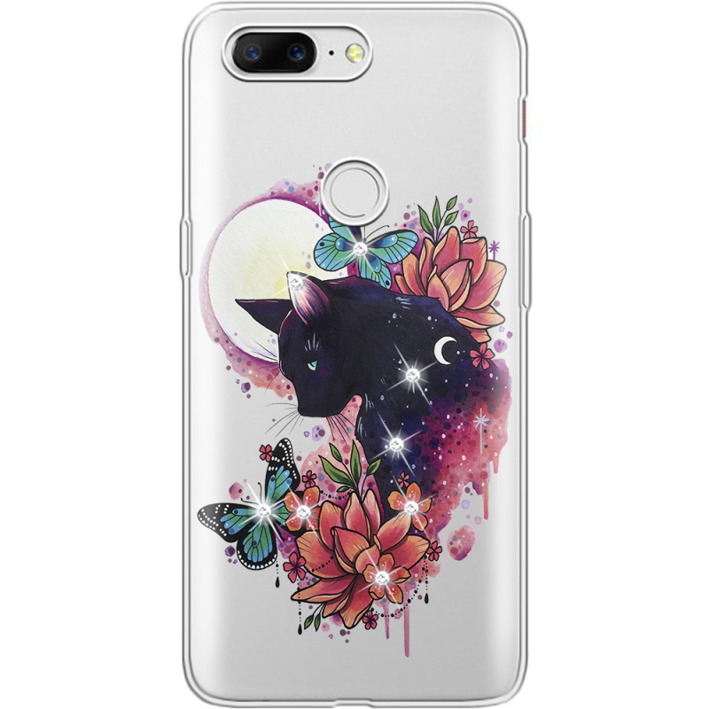 Чехол со стразами OnePlus 5t Cat in Flowers