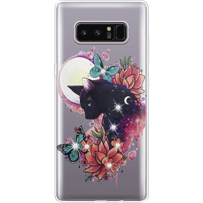 Чехол со стразами Samsung N950F Galaxy Note 8 Cat in Flowers