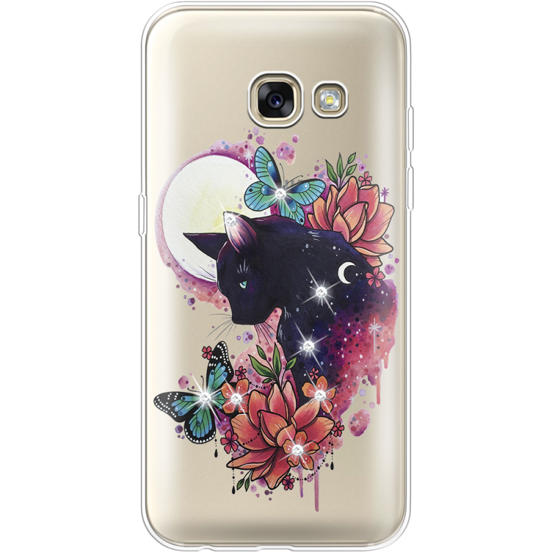 Чехол со стразами Samsung A320 Galaxy A3 2017 Cat in Flowers