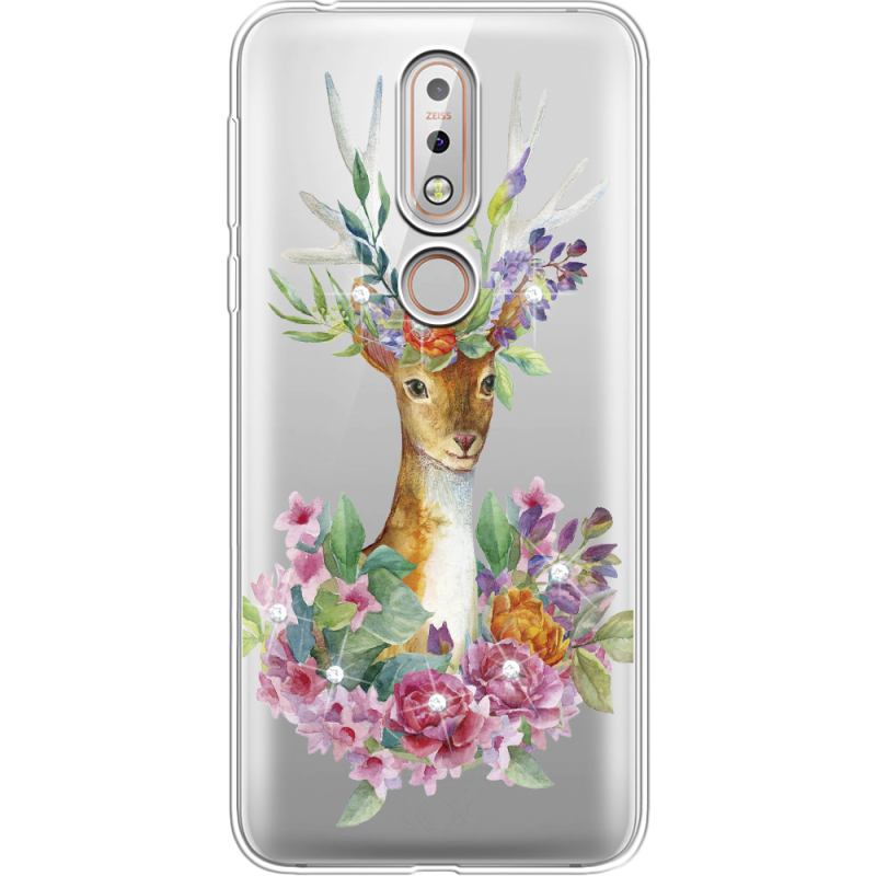Чехол со стразами Nokia 7.1 Deer with flowers