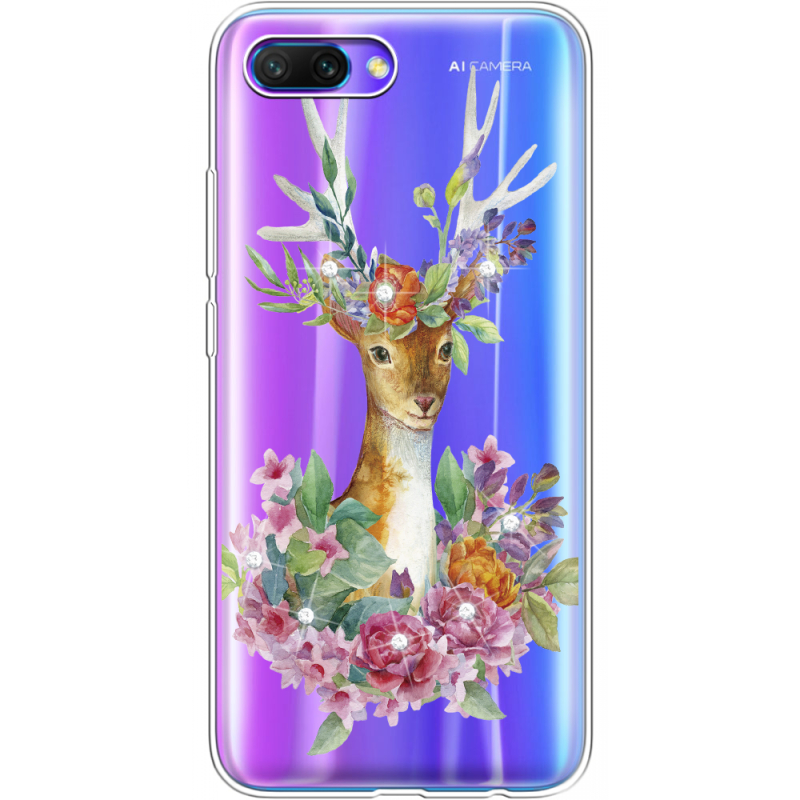 Чехол со стразами Honor 10 Deer with flowers