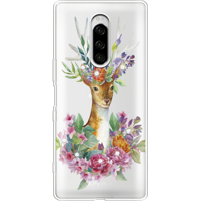 Чехол со стразами Sony Xperia 1 Deer with flowers