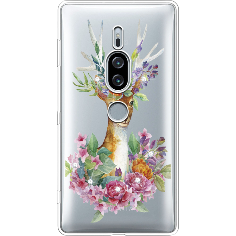 Чехол со стразами Sony Xperia XZ2 Premium H8166 Deer with flowers