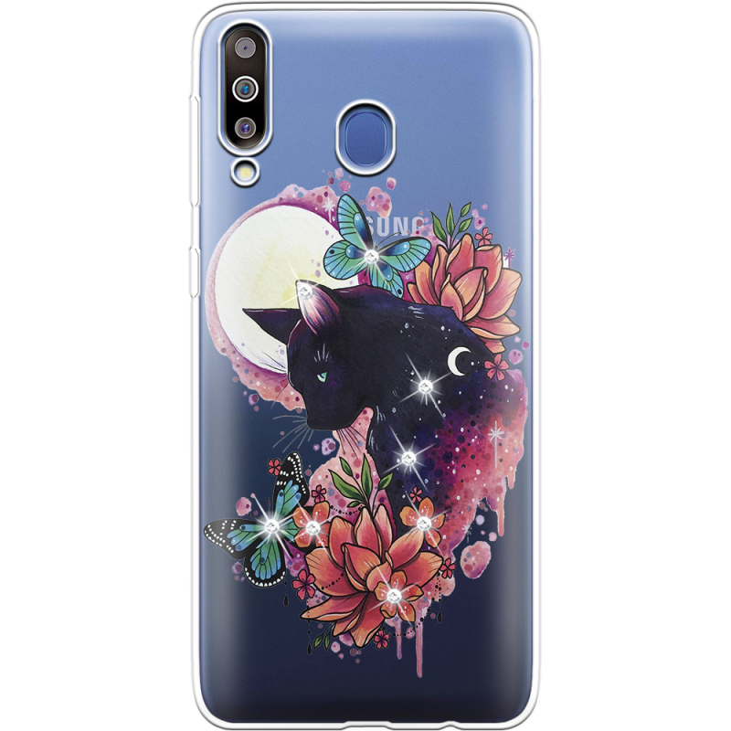 Чехол со стразами Samsung M305 Galaxy M30 Cat in Flowers