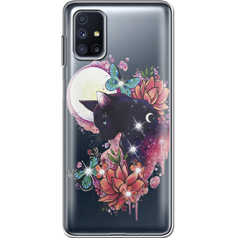 Чехол со стразами Samsung M515 Galaxy M51 Cat in Flowers