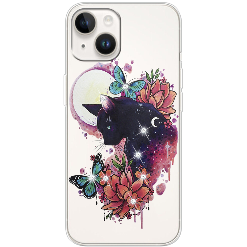 Чехол со стразами Apple iPhone 15 Cat in Flowers