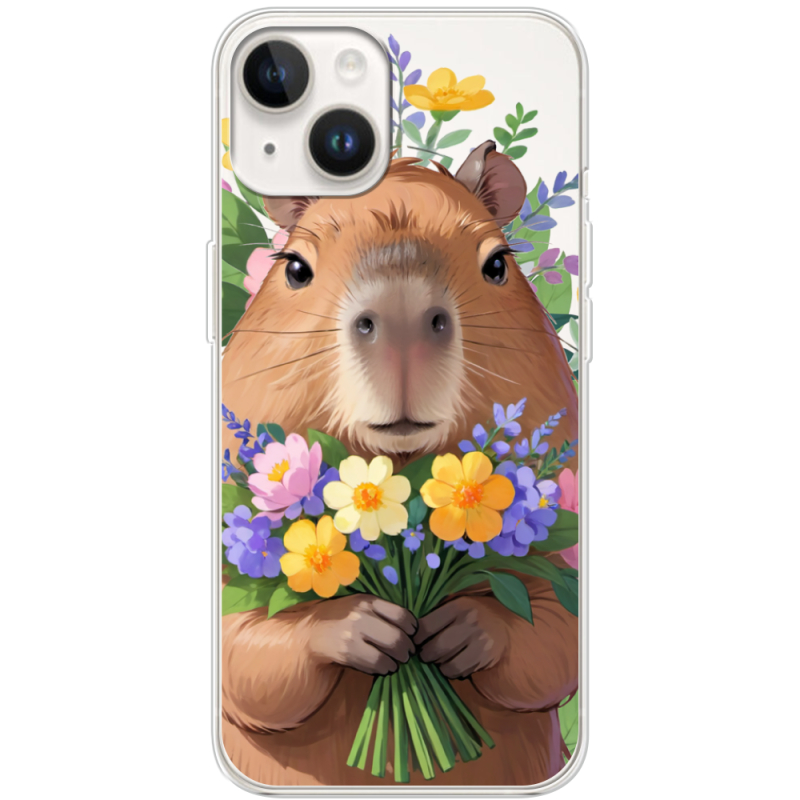 Прозрачный чехол BoxFace Apple iPhone 15 Plus Капибара з квітами