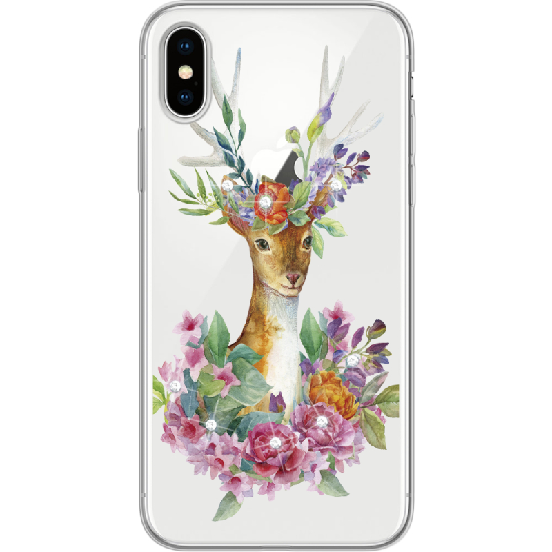 Чехол со стразами Apple iPhone X Deer with flowers