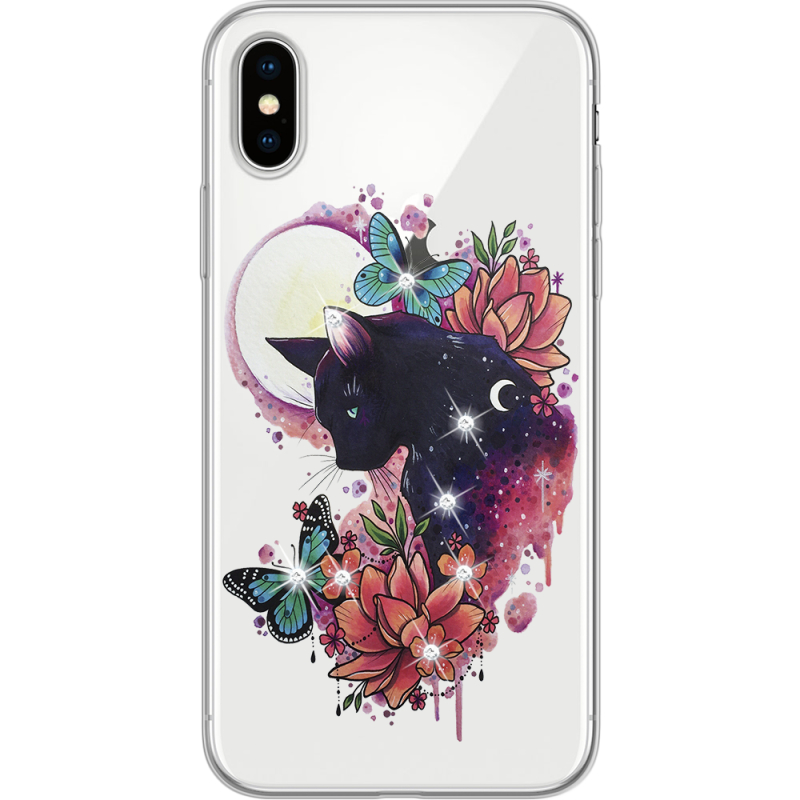 Чехол со стразами Apple iPhone X Cat in Flowers