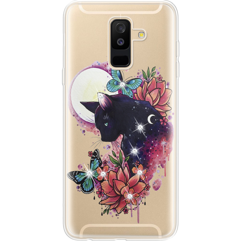 Чехол со стразами Samsung A605 Galaxy A6 Plus 2018 Cat in Flowers