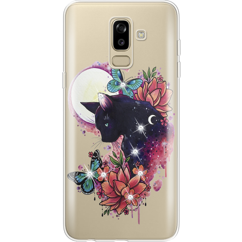 Чехол со стразами Samsung J810 Galaxy J8 2018 Cat in Flowers