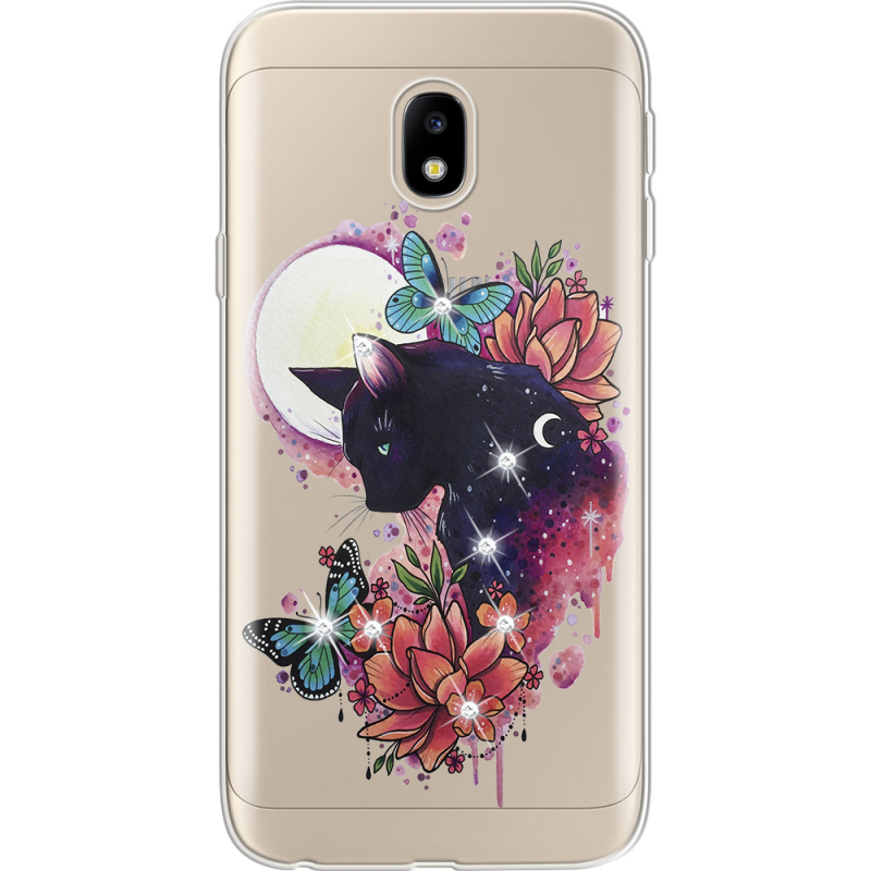 Чехол со стразами Samsung J330 Galaxy J3 2017 Cat in Flowers