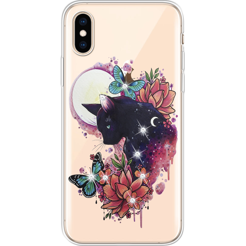 Чехол со стразами Apple iPhone XS Cat in Flowers