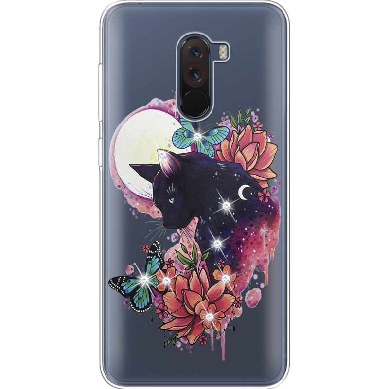 Чехол со стразами Xiaomi Pocophone F1 Cat in Flowers