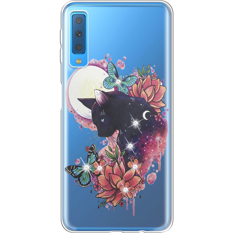 Чехол со стразами Samsung A750 Galaxy A7 2018 Cat in Flowers