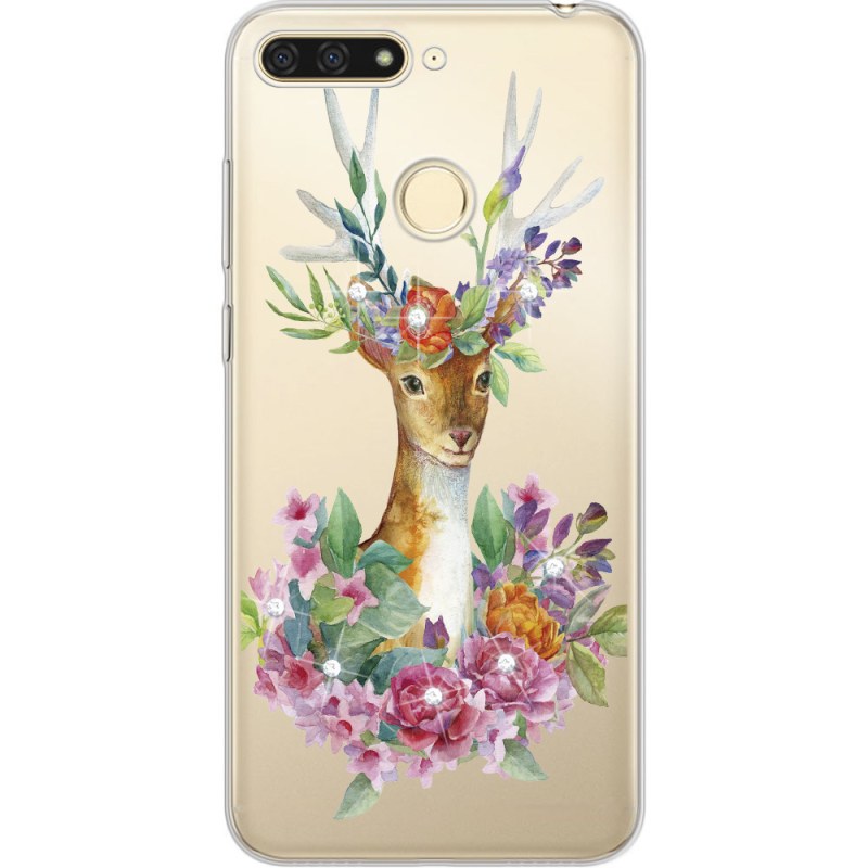 Чехол со стразами Honor 7C Deer with flowers