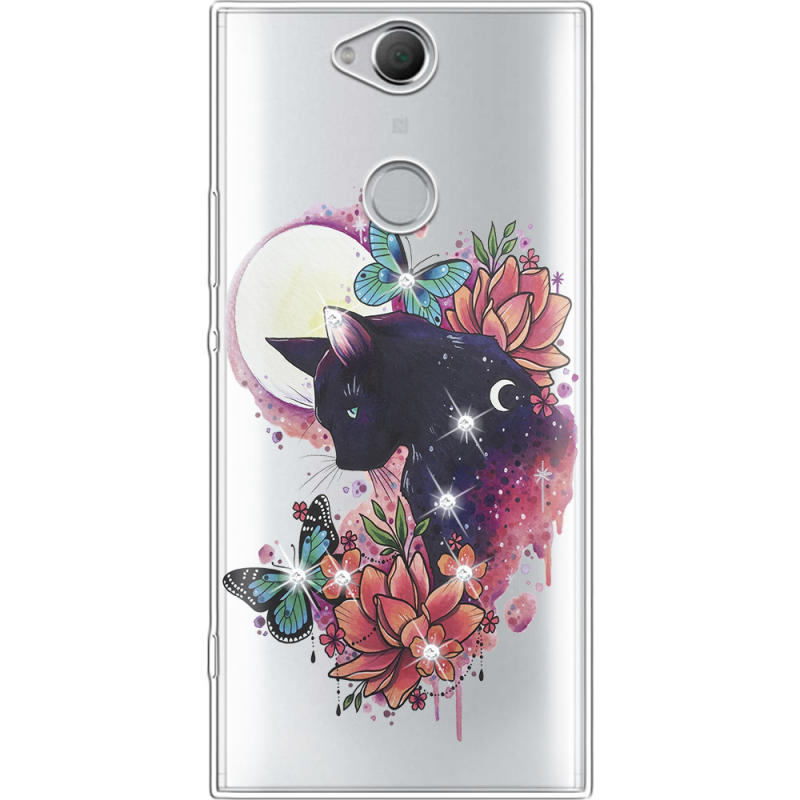 Чехол со стразами Sony Xperia XA2 Plus H4413 Cat in Flowers