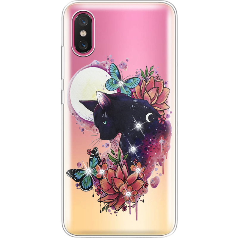 Чехол со стразами Xiaomi Mi 8 Pro Cat in Flowers