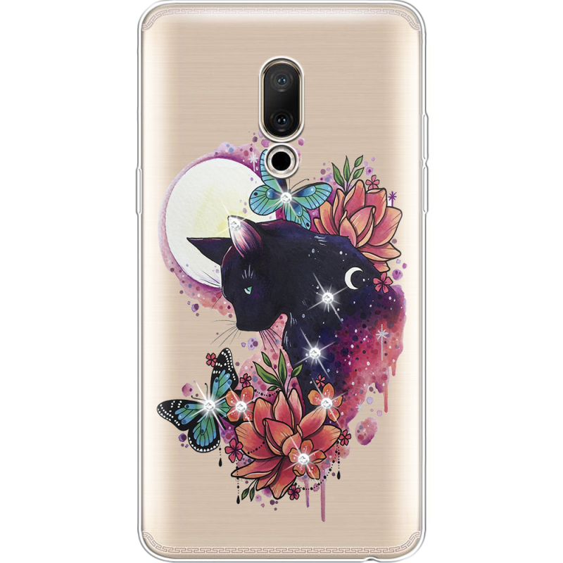 Чехол со стразами Meizu 15 Plus Cat in Flowers