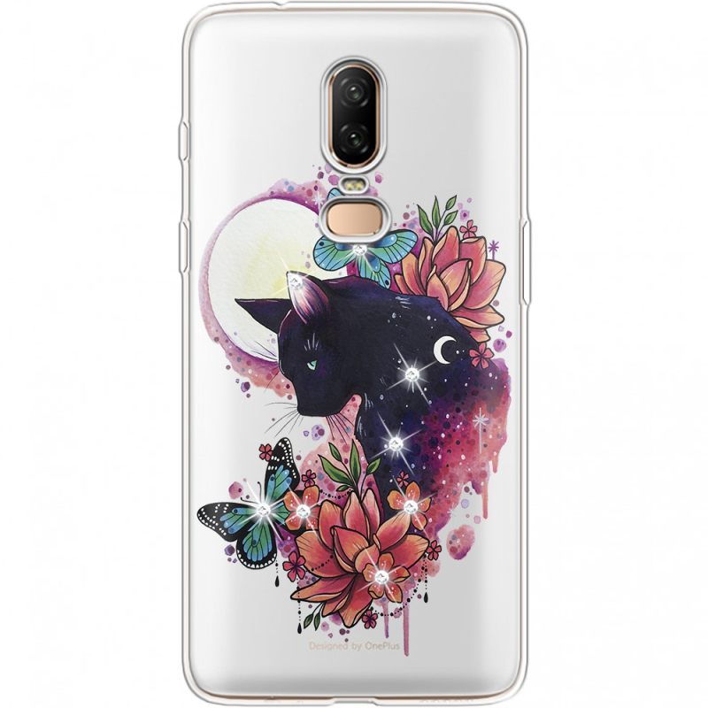 Чехол со стразами OnePlus 6 Cat in Flowers