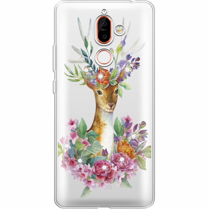 Чехол со стразами Nokia 7 Plus Deer with flowers