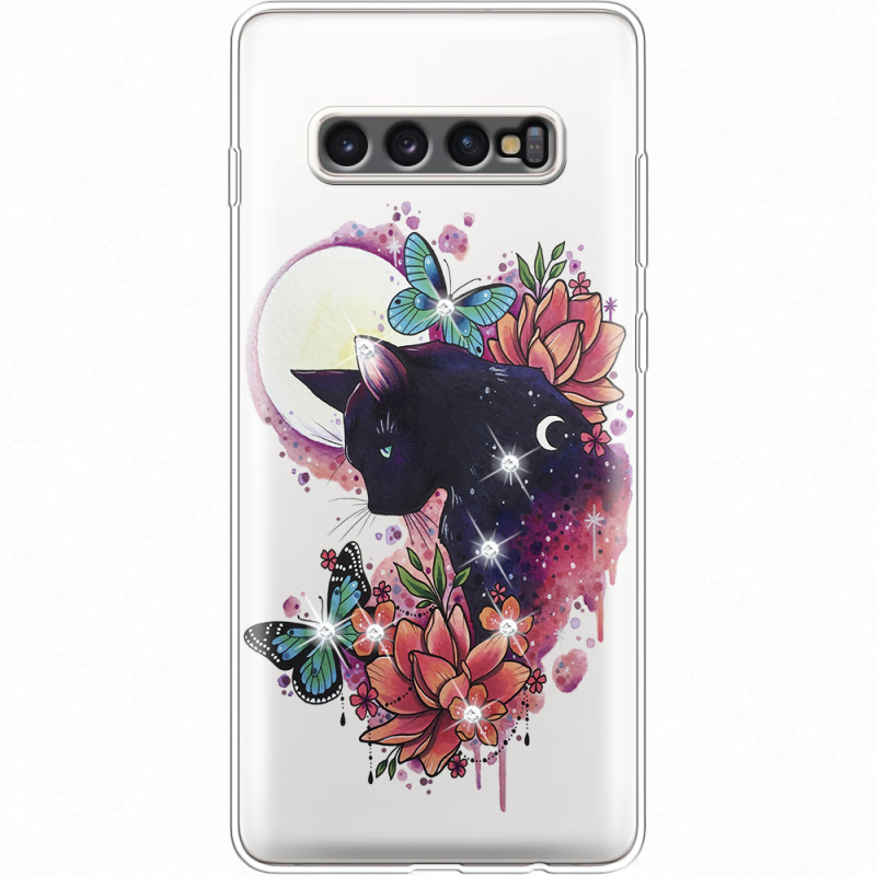 Чехол со стразами Samsung G975 Galaxy S10 Plus Cat in Flowers