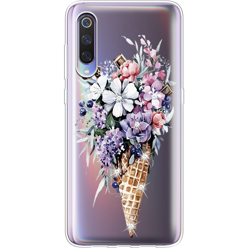 Чехол со стразами Xiaomi Mi 9 Ice Cream Flowers