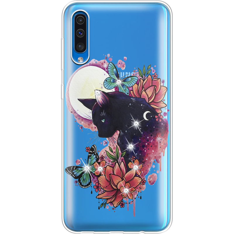 Чехол со стразами Samsung A505 Galaxy A50 Cat in Flowers