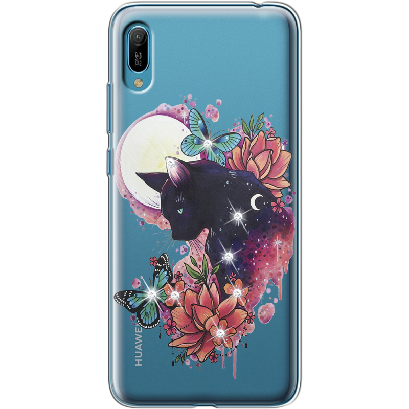 Чехол со стразами Huawei Y6 2019 Cat in Flowers