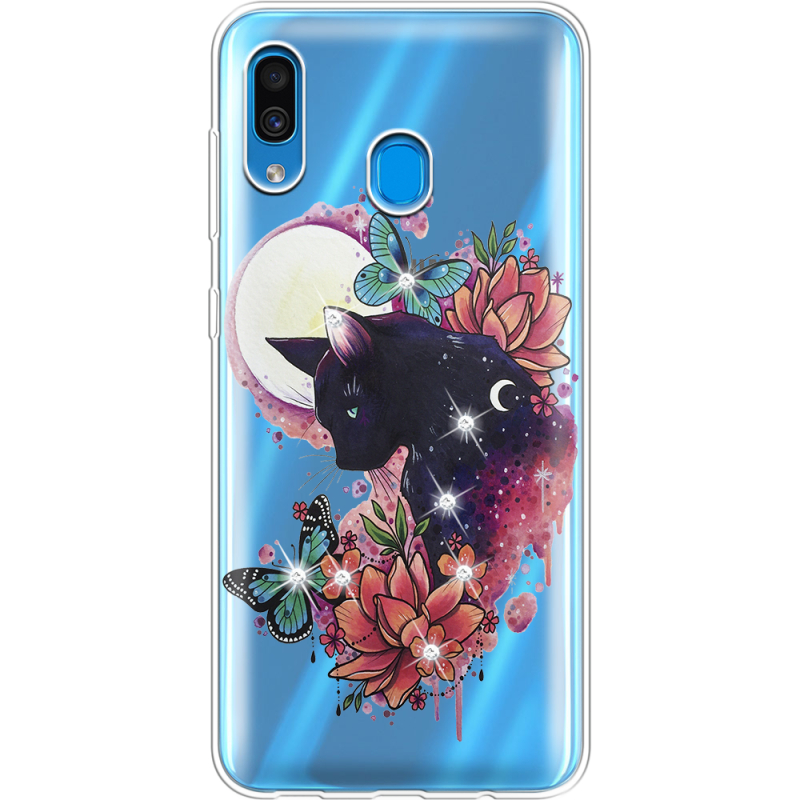 Чехол со стразами Samsung A205 Galaxy A20 Cat in Flowers