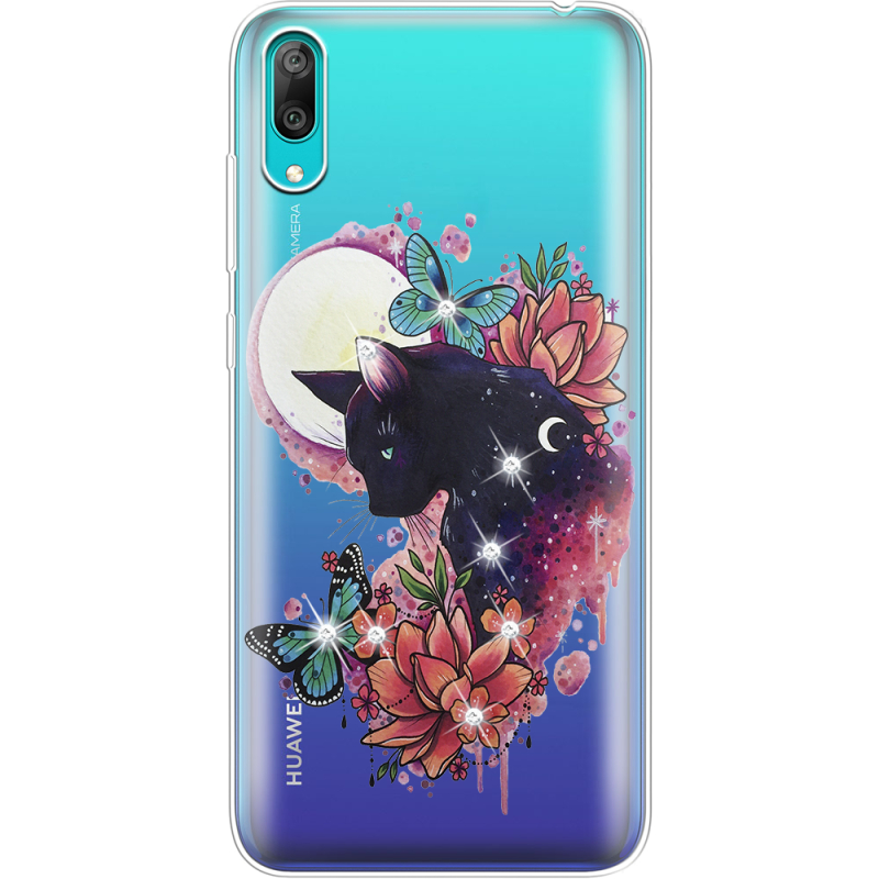 Чехол со стразами Huawei Y7 Pro 2019 Cat in Flowers