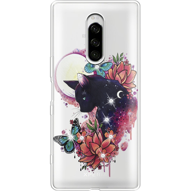 Чехол со стразами Sony Xperia 1 Cat in Flowers
