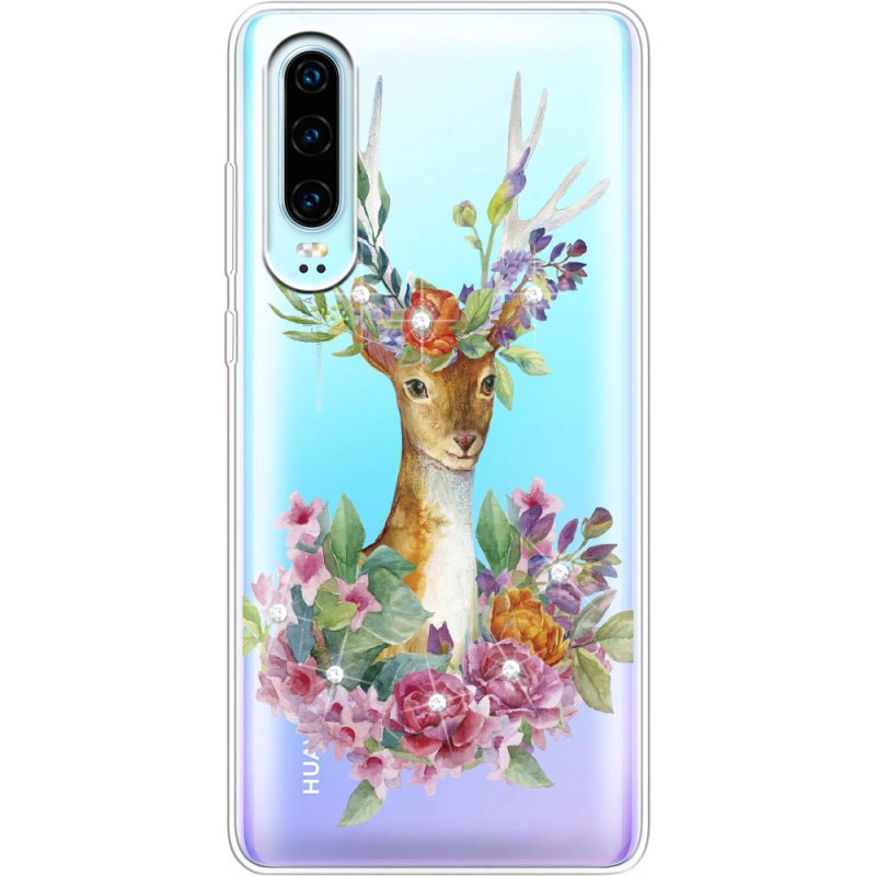 Чехол со стразами Huawei P30 Deer with flowers