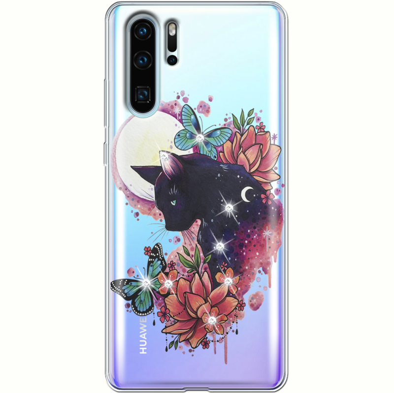 Чехол со стразами Huawei P30 Pro Cat in Flowers