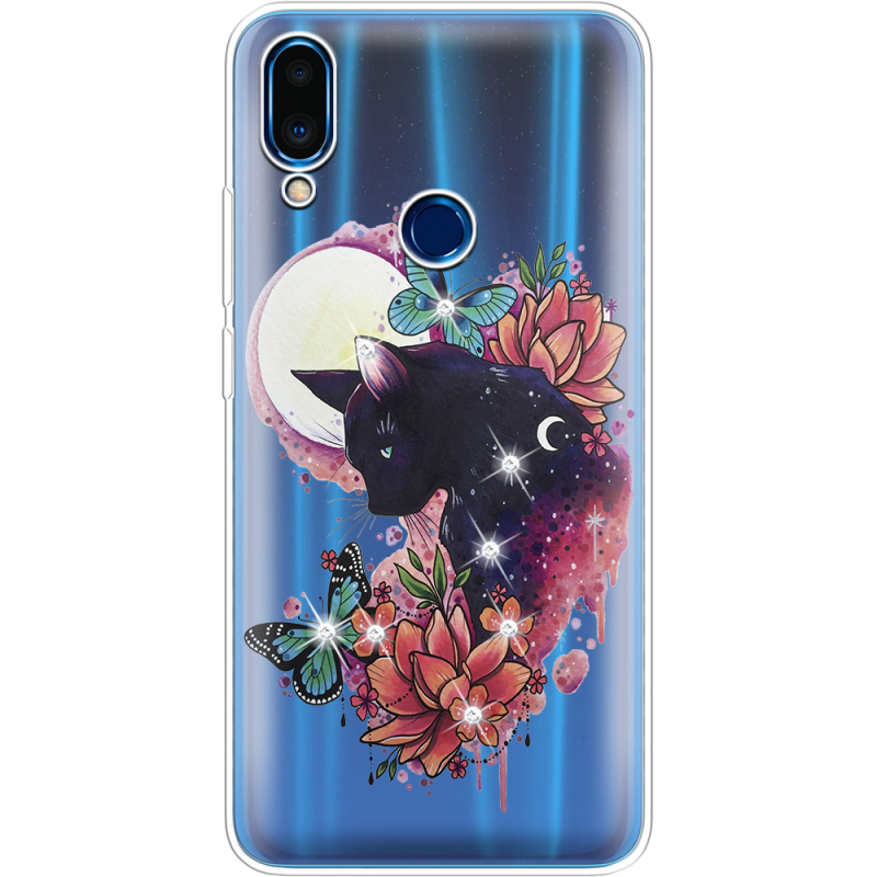 Чехол со стразами Meizu Note 9 Cat in Flowers