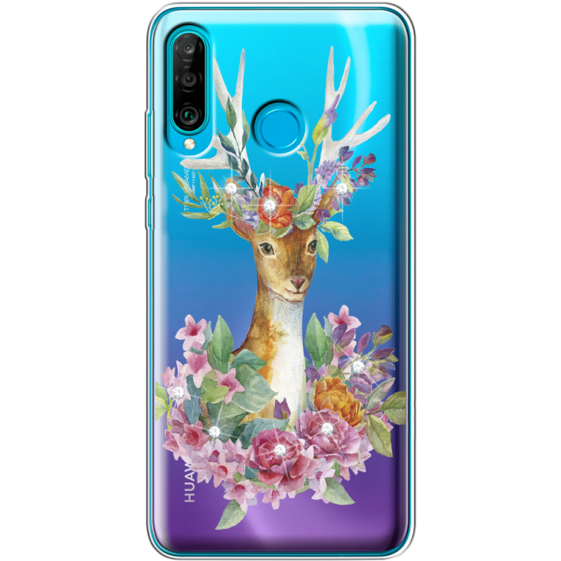 Чехол со стразами Huawei P30 Lite Deer with flowers