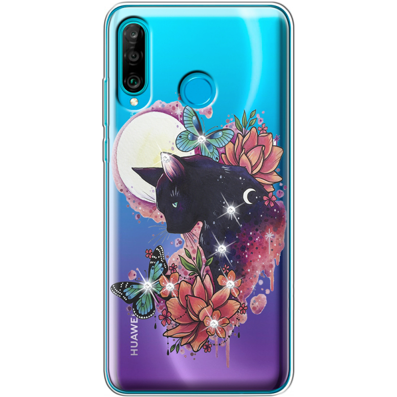 Чехол со стразами Huawei P30 Lite Cat in Flowers