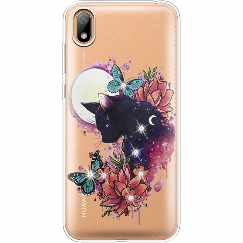 Чехол со стразами Huawei Y5 2019 Cat in Flowers