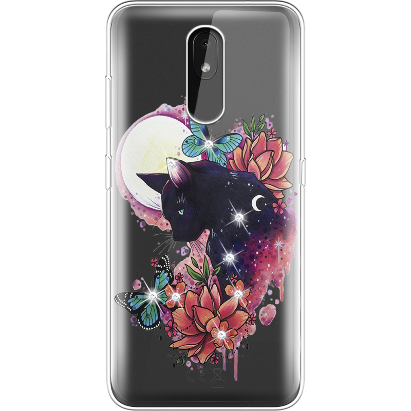 Чехол со стразами Nokia 3.2 Cat in Flowers