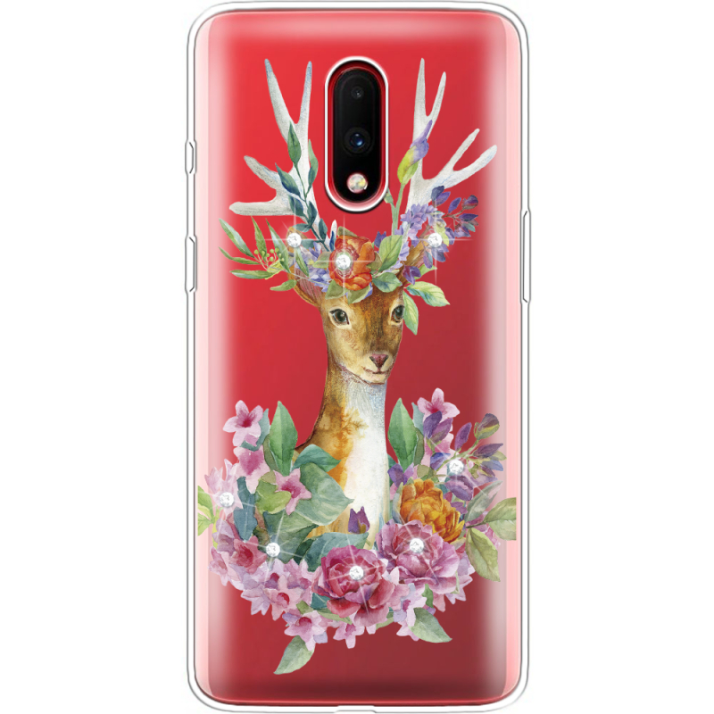 Чехол со стразами OnePlus 7 Deer with flowers