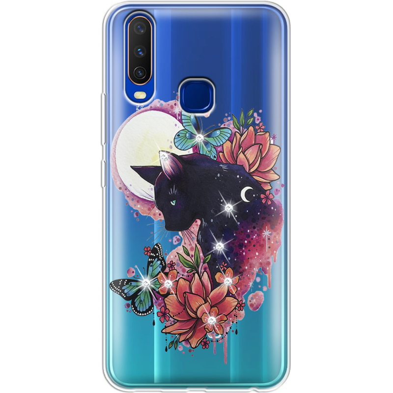 Чехол со стразами Vivo Y15 Cat in Flowers