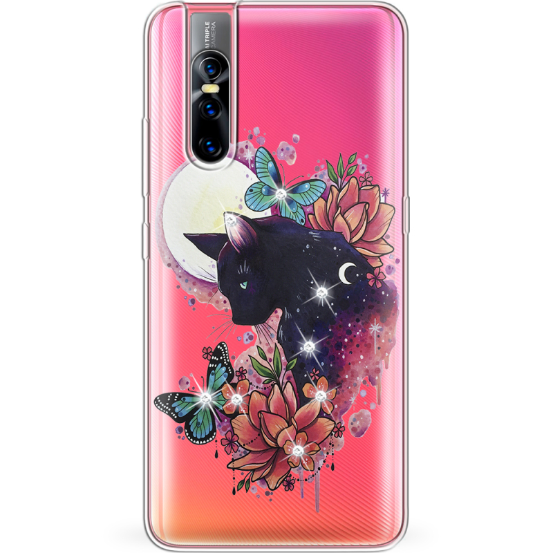 Чехол со стразами Vivo V15 Pro Cat in Flowers