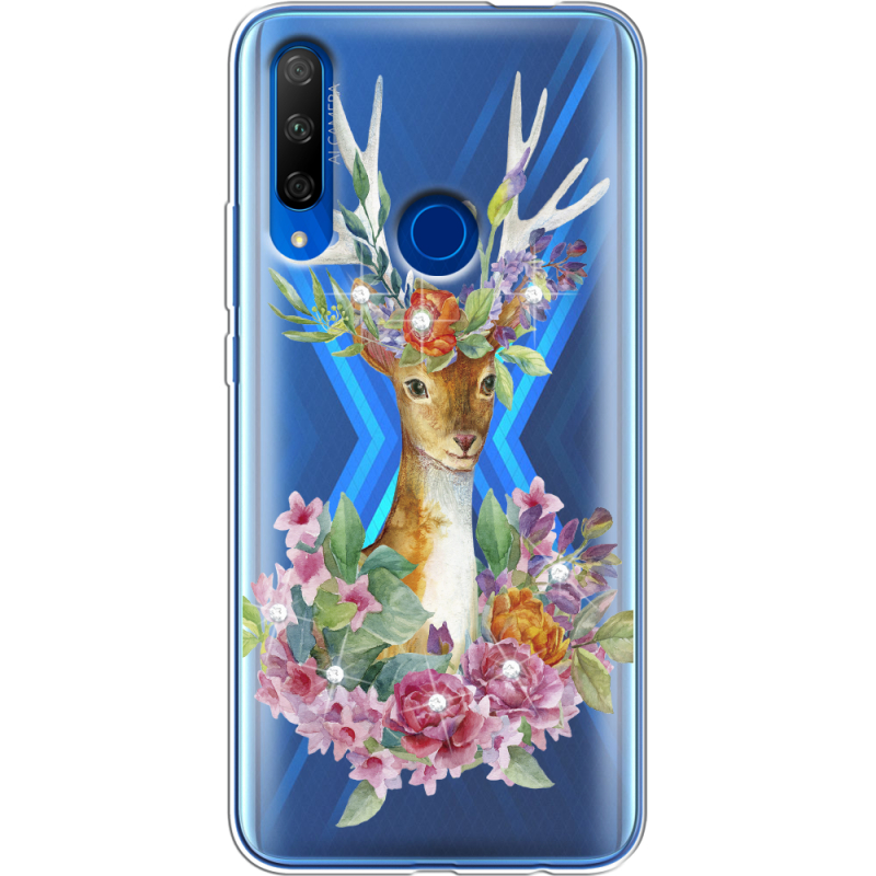 Чехол со стразами Honor 9X Deer with flowers