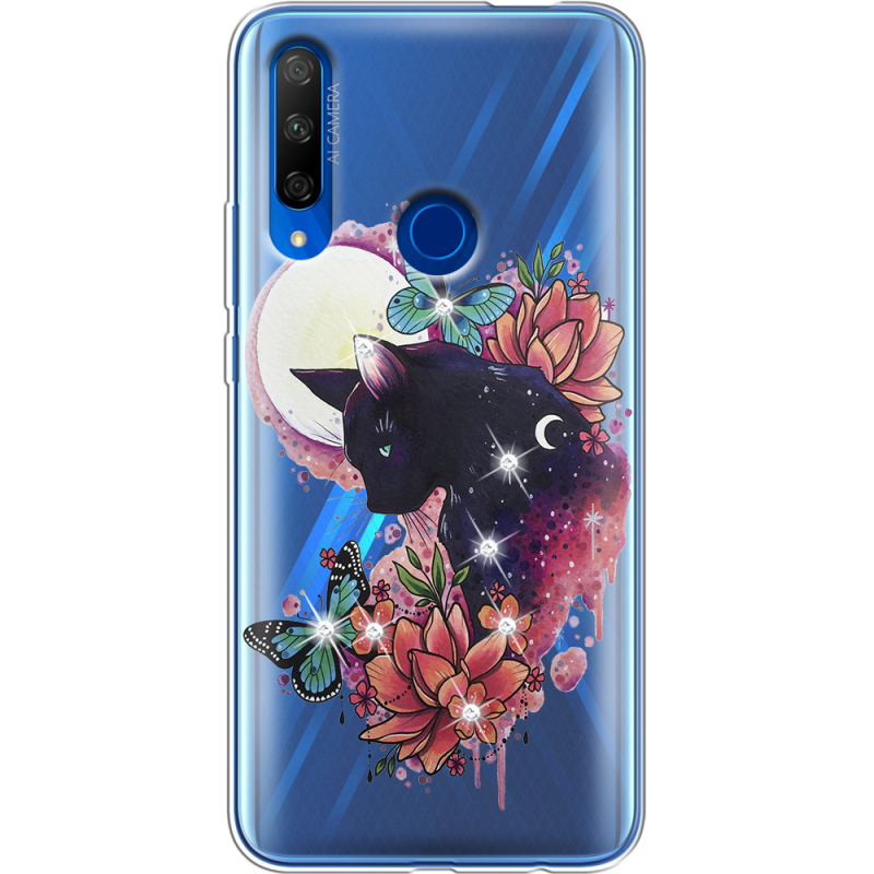 Чехол со стразами Honor 9X Cat in Flowers