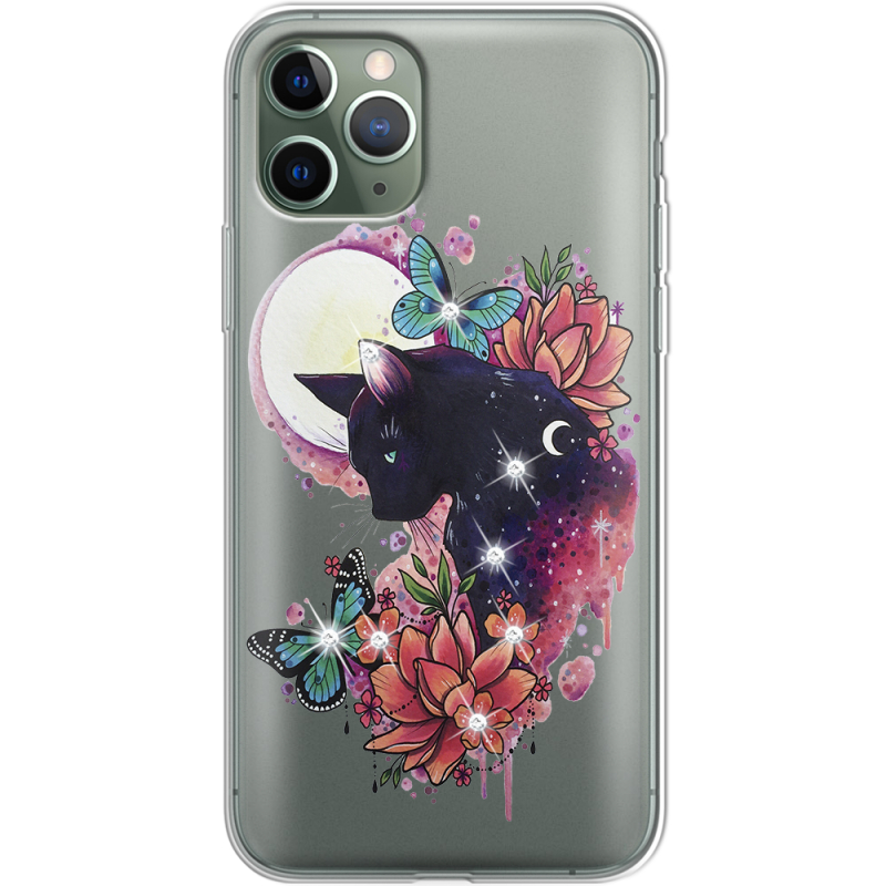Чехол со стразами Apple iPhone 11 Pro Cat in Flowers