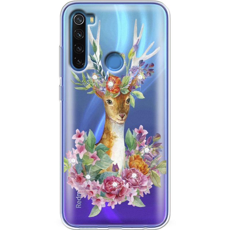 Чехол со стразами Xiaomi Redmi Note 8 Deer with flowers